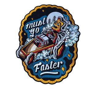Must Go Faster Iron On Backpatch Embroidery Boxcar Skeleton Traditional